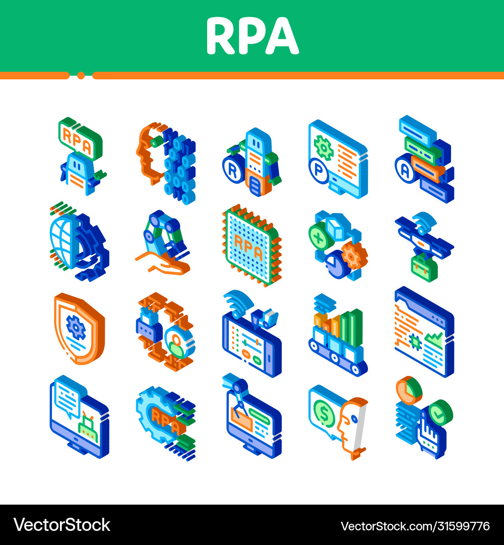 Rpa robotic process automation isometric icons set Rpa robotic process automation isometric icons set vector image