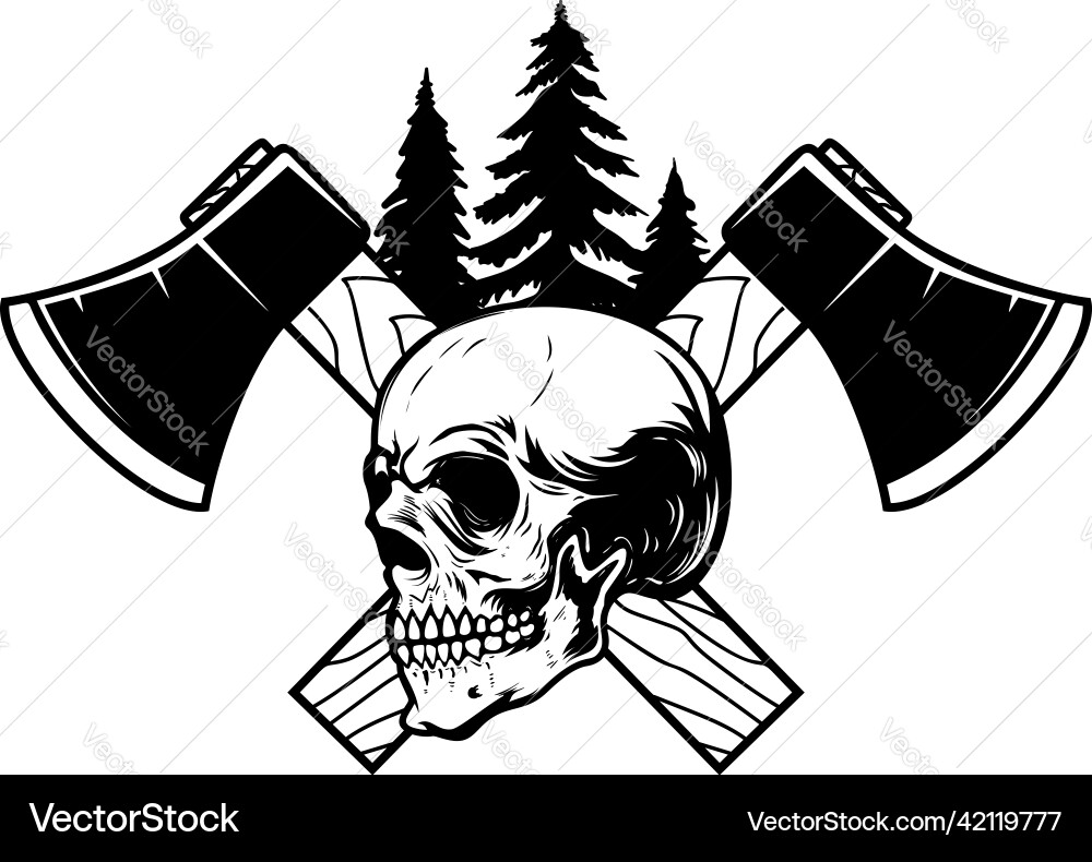 Crossed lumberjack axes with skull design element Crossed lumberjack axes with skull design element Vector Image