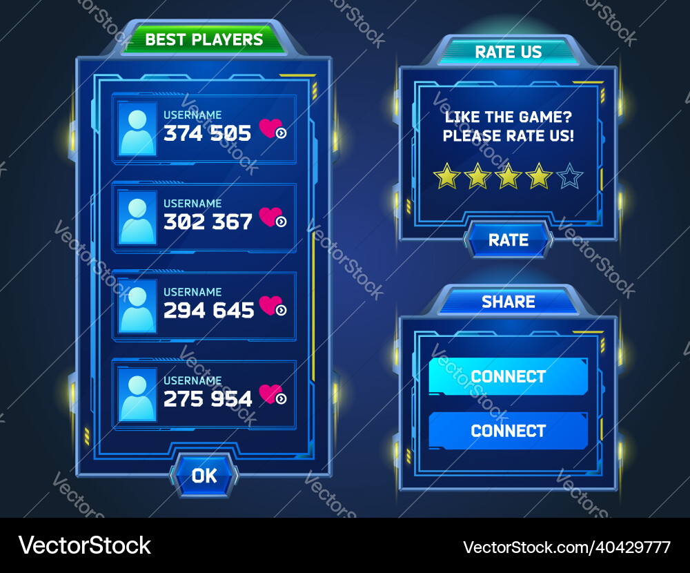 Game frames in sci fi style with best players list Game frames in sci fi style with best players list Vector Image