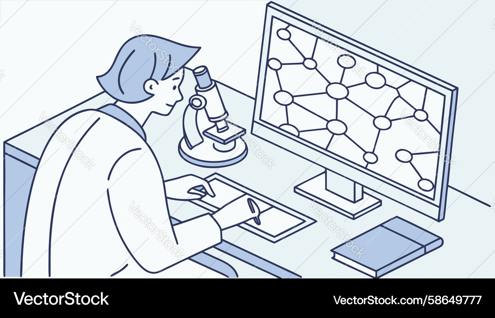 Scientist analyzing data on computer molecular Vector Image
