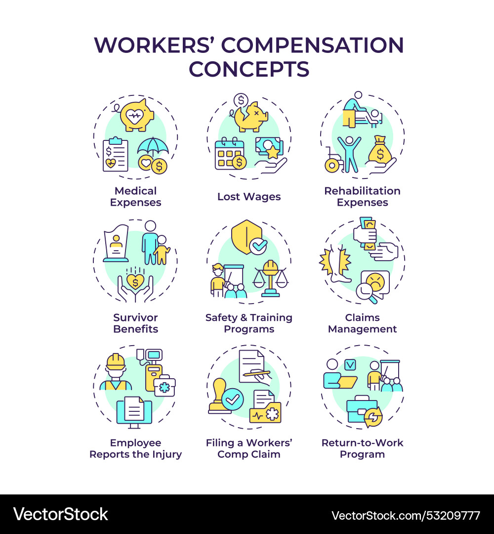 Workers compensation multi color concept icons Workers compensation multi color concept icons Vector Image