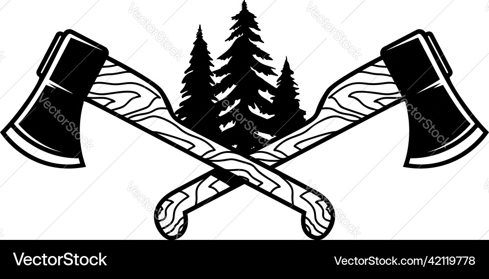 Crossed lumberjack axes with trees design element Crossed lumberjack axes with trees design element vector image
