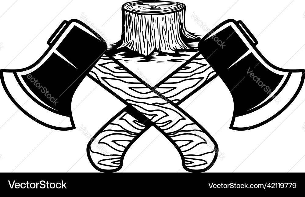Crossed lumberjack axes with trees design element Crossed lumberjack axes with trees design element vector image
