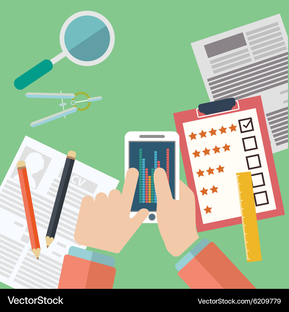 Hands holding mobile with analytic and data Vector Image