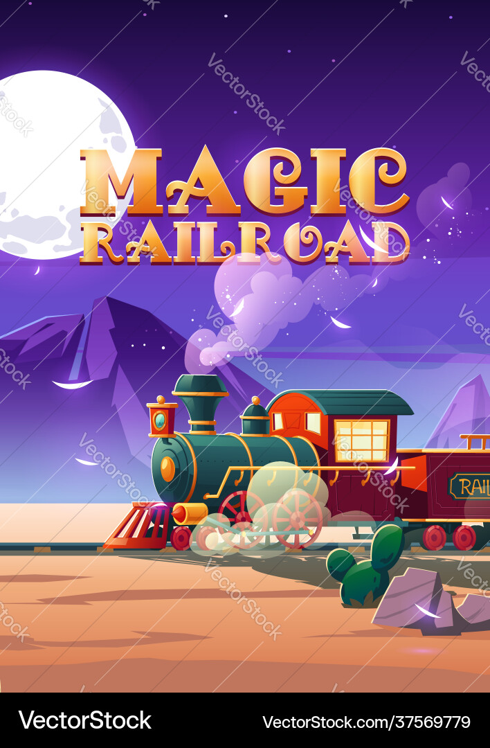 Magic railroad cartoon poster steam train riding Magic railroad cartoon poster steam train riding vector image