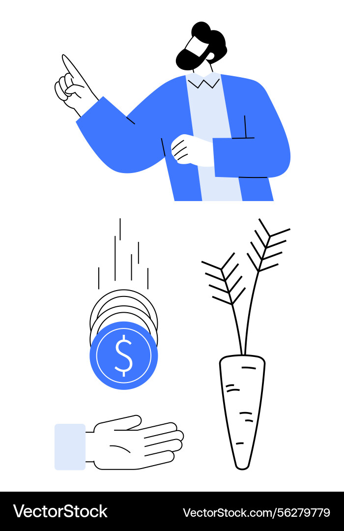 Man gesturing with coins falling into hand Vector Image