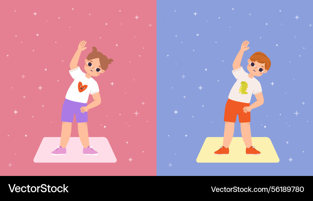 Kinder machen Gymnastik morgens oder abends Kinder machen Gymnastik morgens oder abends Vektorbild