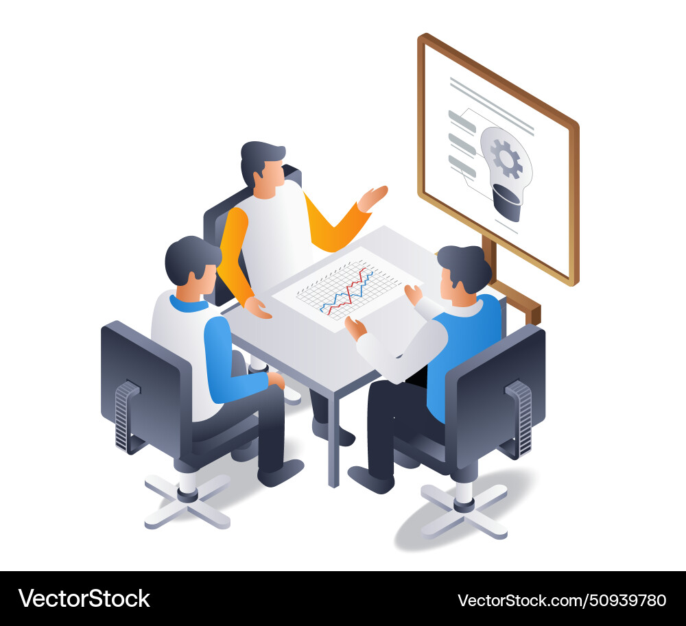 Team trifft sich zu sammeln Ideen flach isometrische 3d Team trifft sich zu sammeln Ideen flach isometrische 3d vektorbild