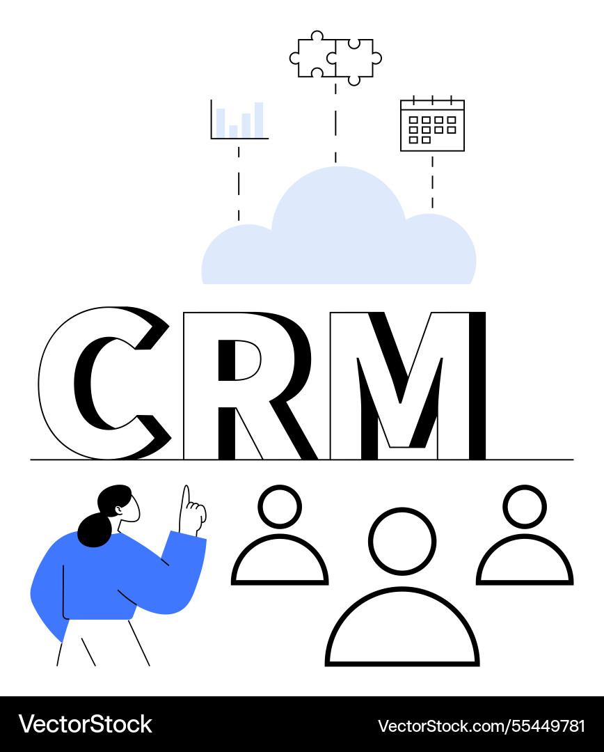Crm system concept with user pointing cloud Crm system concept with user pointing cloud vector image