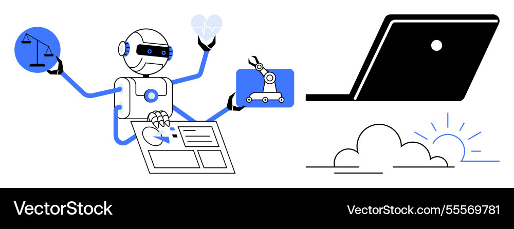 Robot multitasking with justice scale and ai Robot multitasking with justice scale and ai vector image
