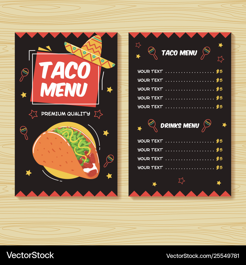 Taco menu mexican food print template Taco menu mexican food print template vector image