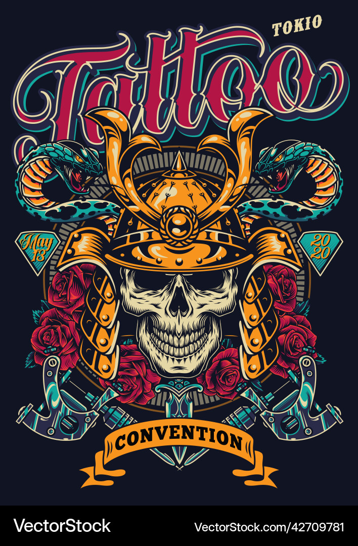 経　tattoo poster Tattoo convention in tokio colorful poster Vector Image