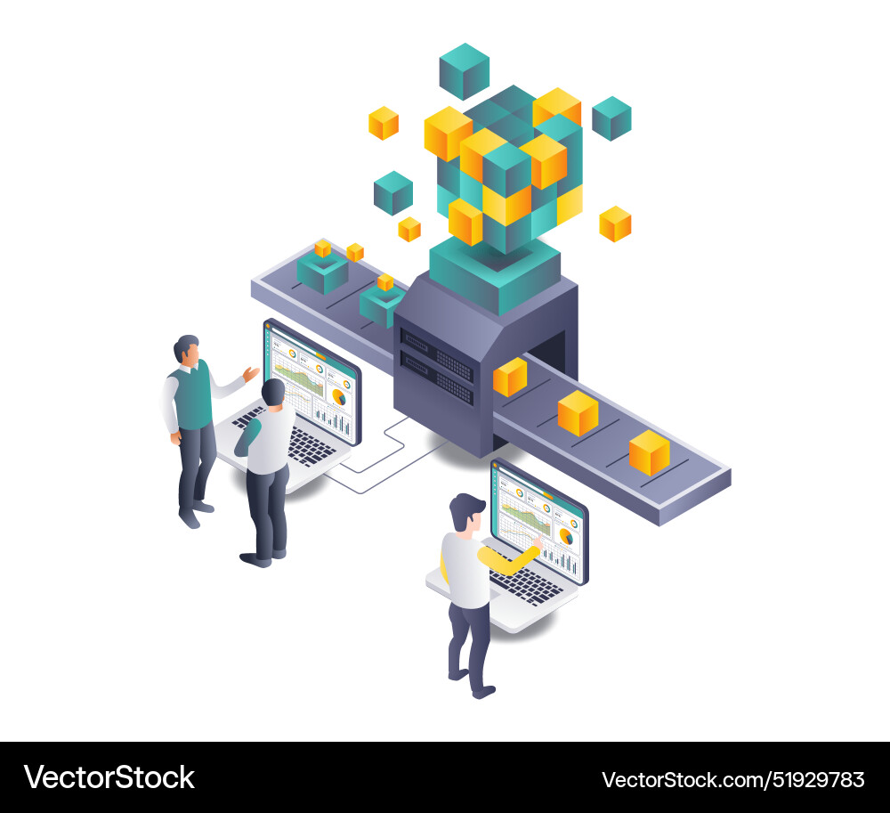 Teamwork in blockchain development flat isometric Teamwork in blockchain development flat isometric vector image