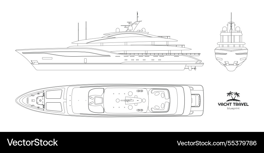 Outline yacht drawing side front and top views Outline yacht drawing side front and top views vector image
