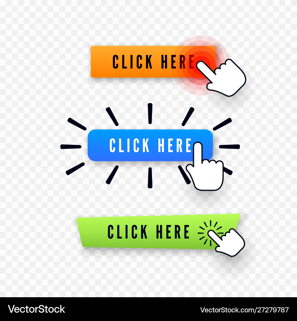 Hand cursor over button with text click here web Hand cursor over button with text click here web vector image