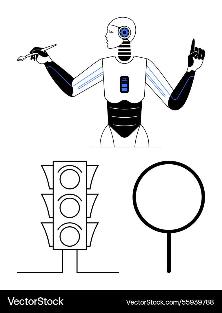 Robot interacting with tools and traffic concept Robot interacting with tools and traffic concept vector image