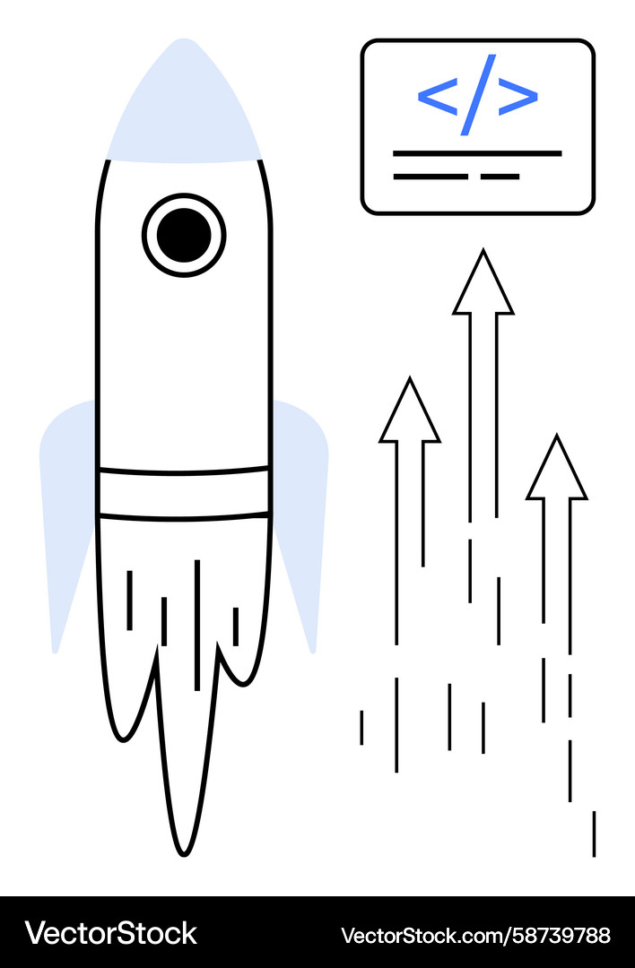 Rocket launch with code snippet and arrows Vector Image