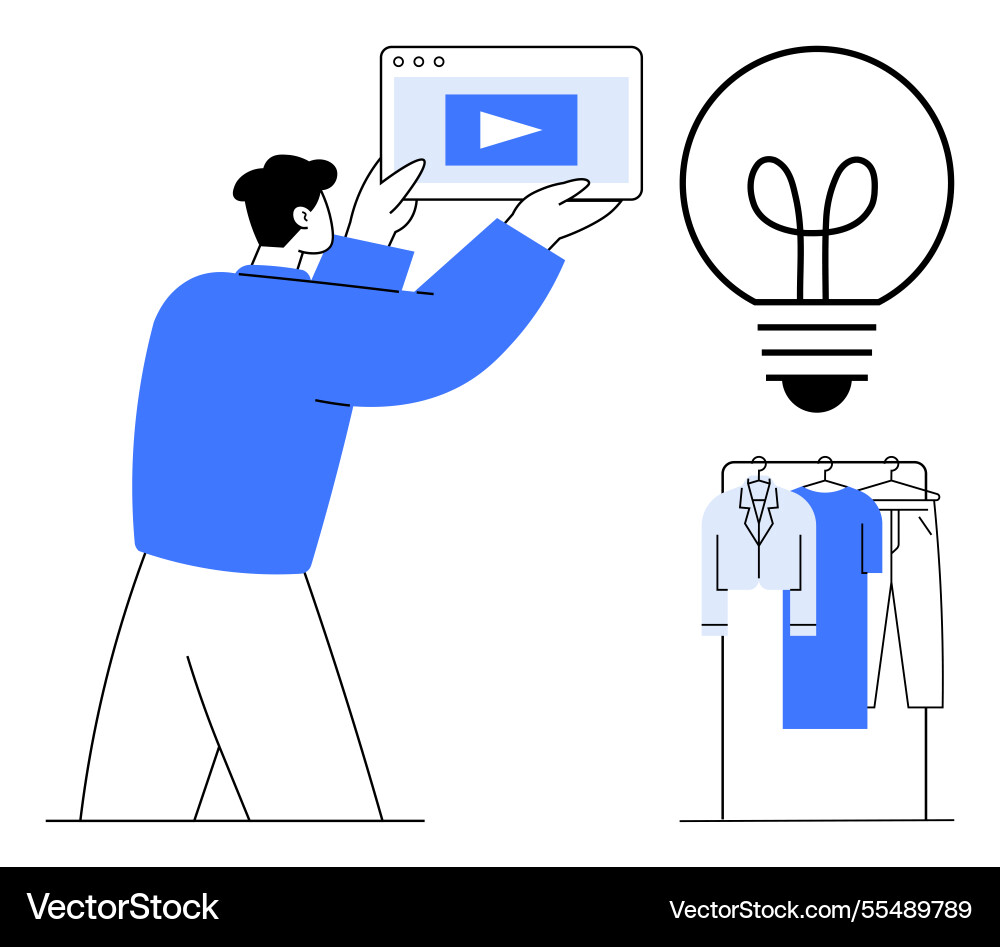 Man holding a tablet with play button next Man holding a tablet with play button next Vector Image