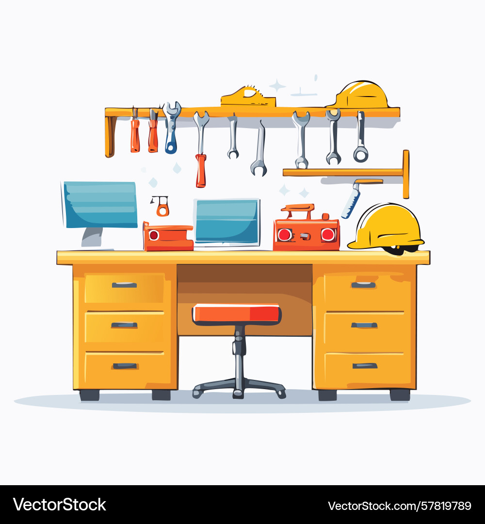 Organized workshop desk with tools computers vector image