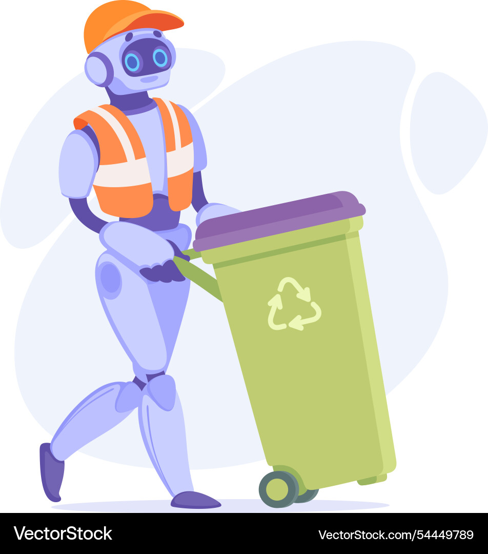 Robot janitorial worker push dustbin as smart Vector Image