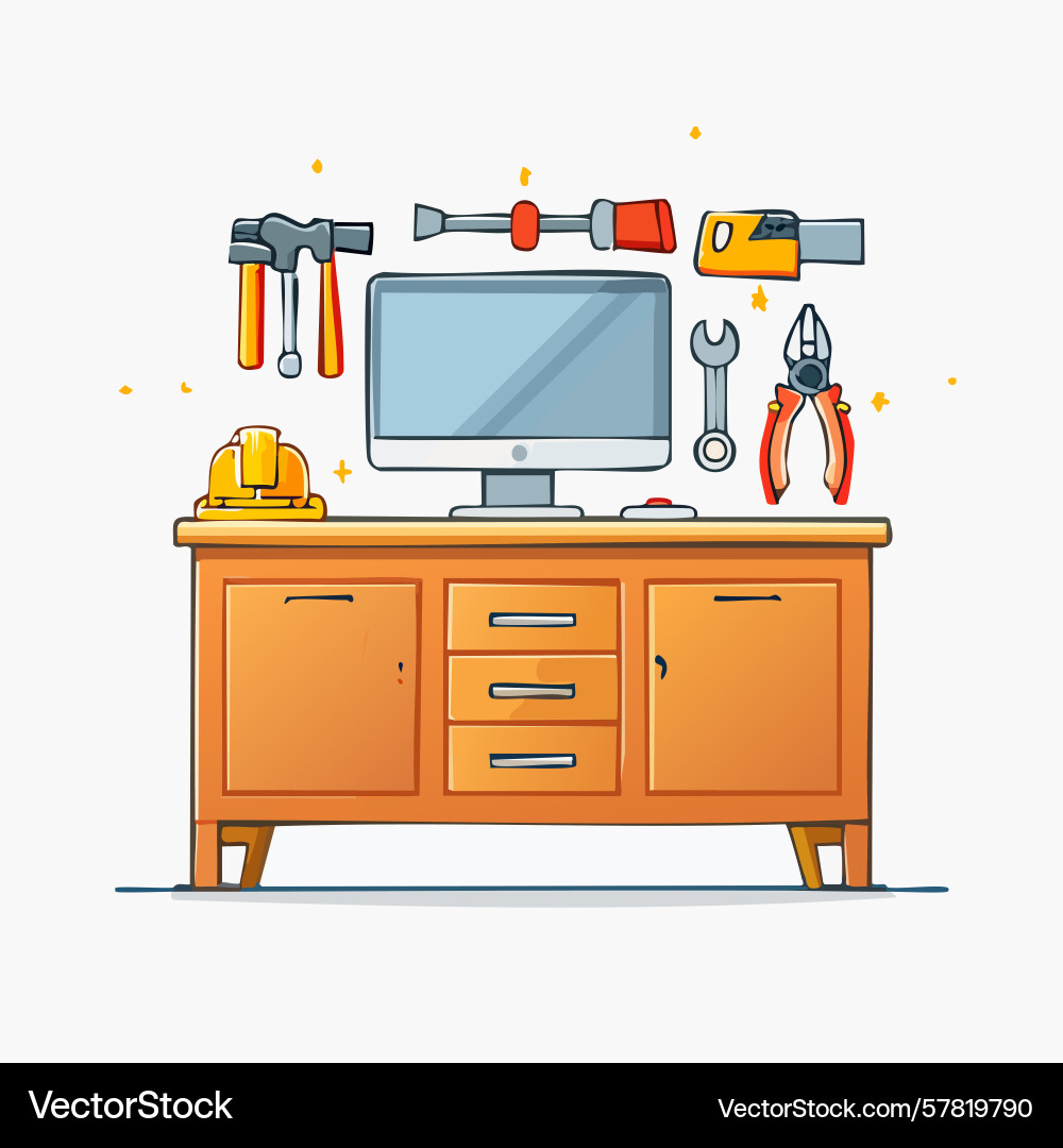 Cartoon workshop desk with computer tools Cartoon workshop desk with computer tools Vector Image