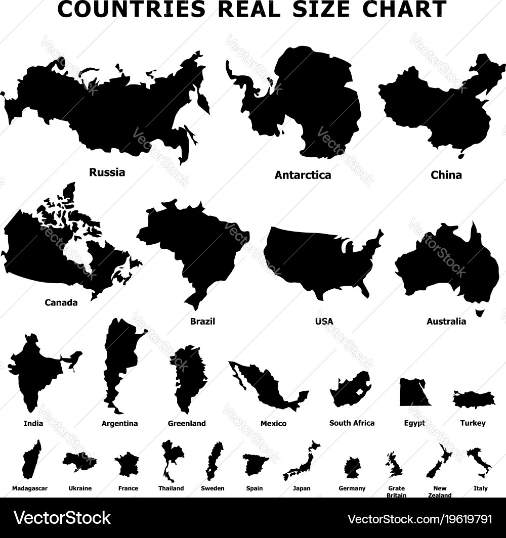 Countries real size chart icons set simple style Vector Image