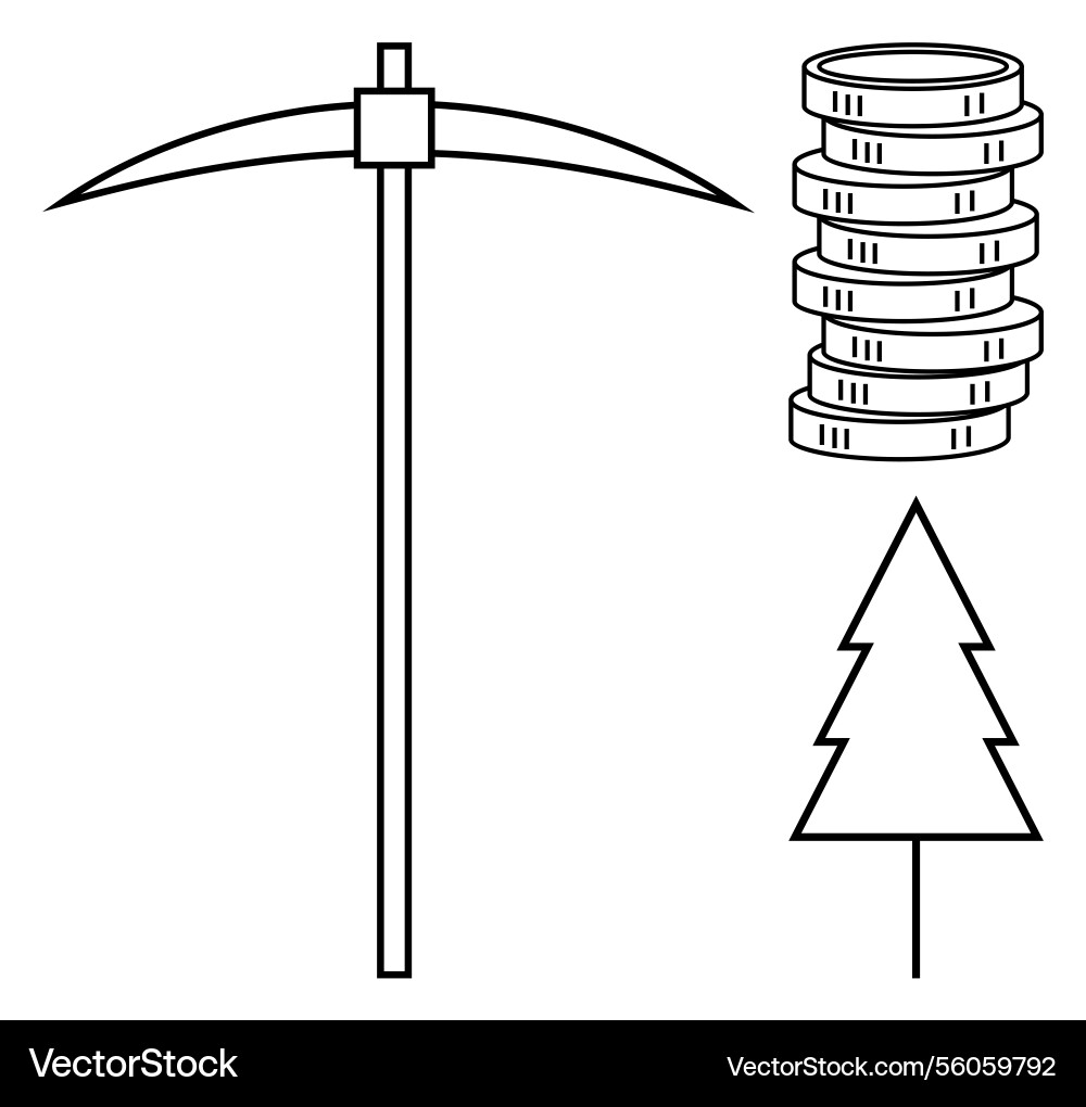 Mining pickaxe tree and stack of coins vector image