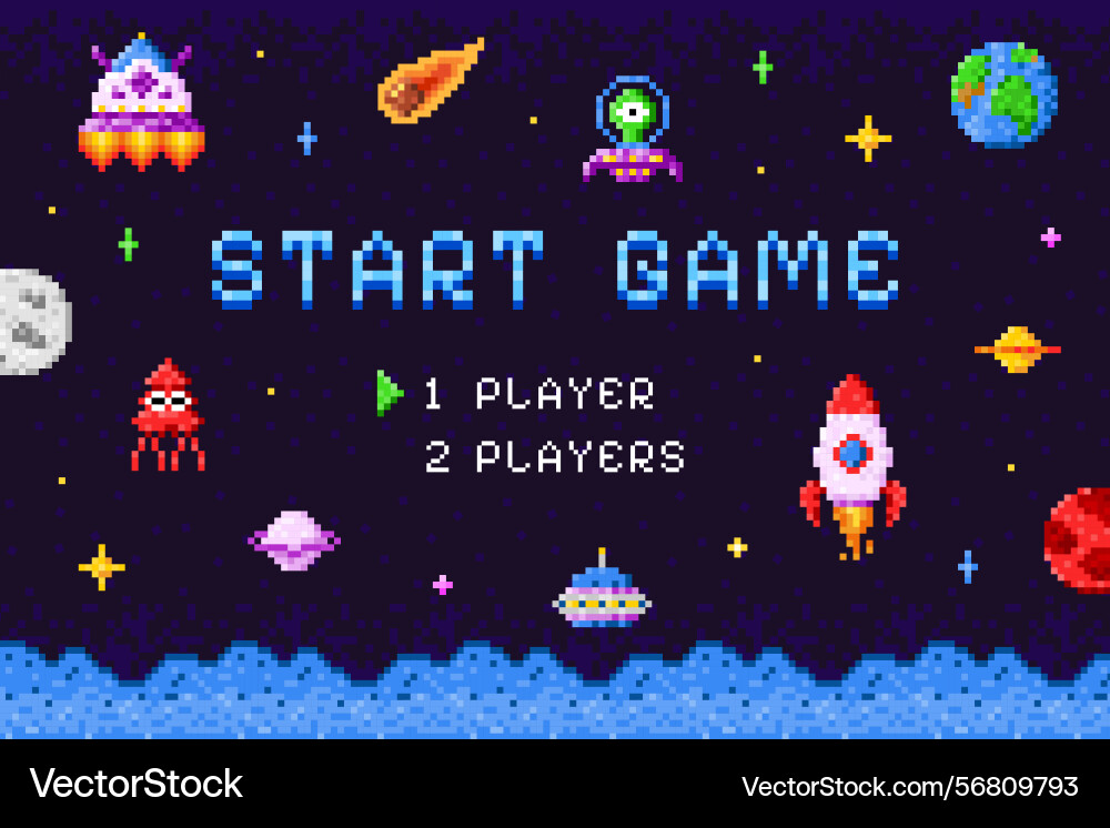 Arcade game start screen pixel videogame display Arcade game start screen pixel videogame display vector image
