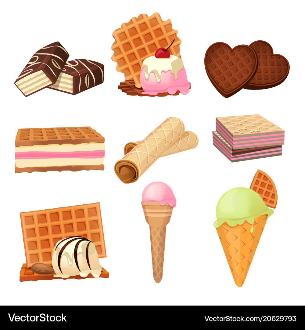 Pictures set of vaffel dessert with cream Pictures set of vaffel dessert with cream vector image