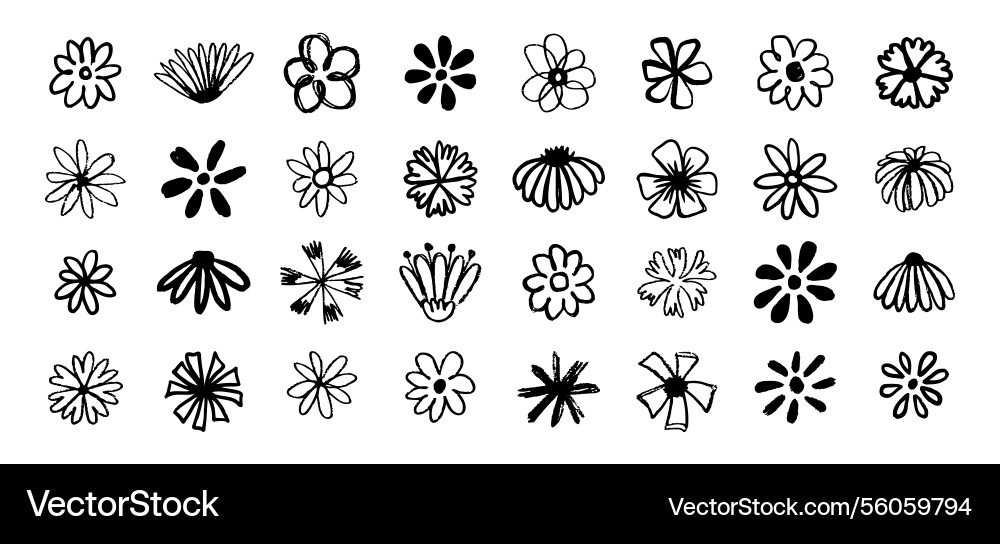 Flowers grunge brush doodle blossom icons set Flowers grunge brush doodle blossom icons set vector image