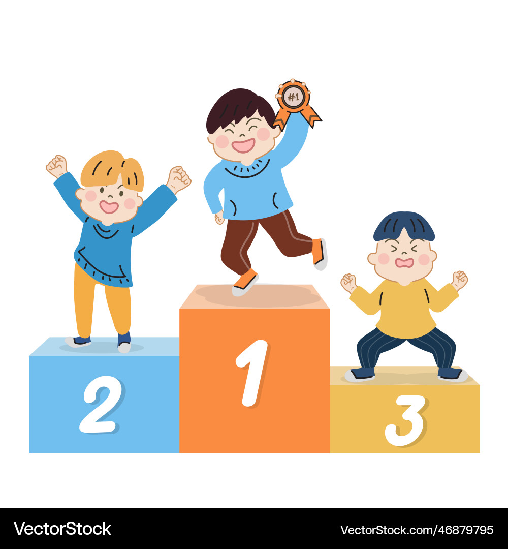 Happy cute kids standing on competition winner vector image