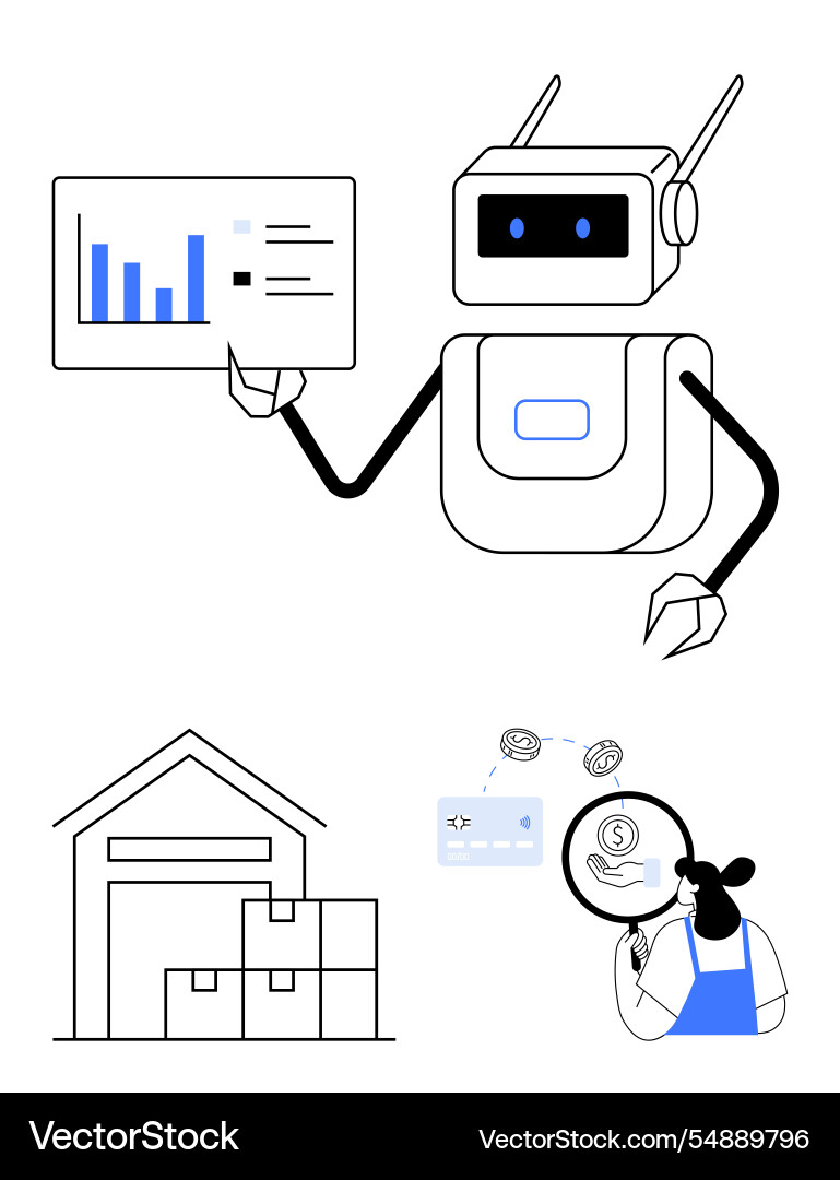 Robot presenting data chart magnifying glass Robot presenting data chart magnifying glass vector image