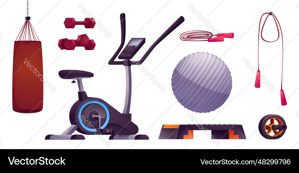 Sport Fitness-Studio Übung Ausrüstung Cartoon Set Sport Fitness-Studio Übung Ausrüstung Cartoon Set vektorbild