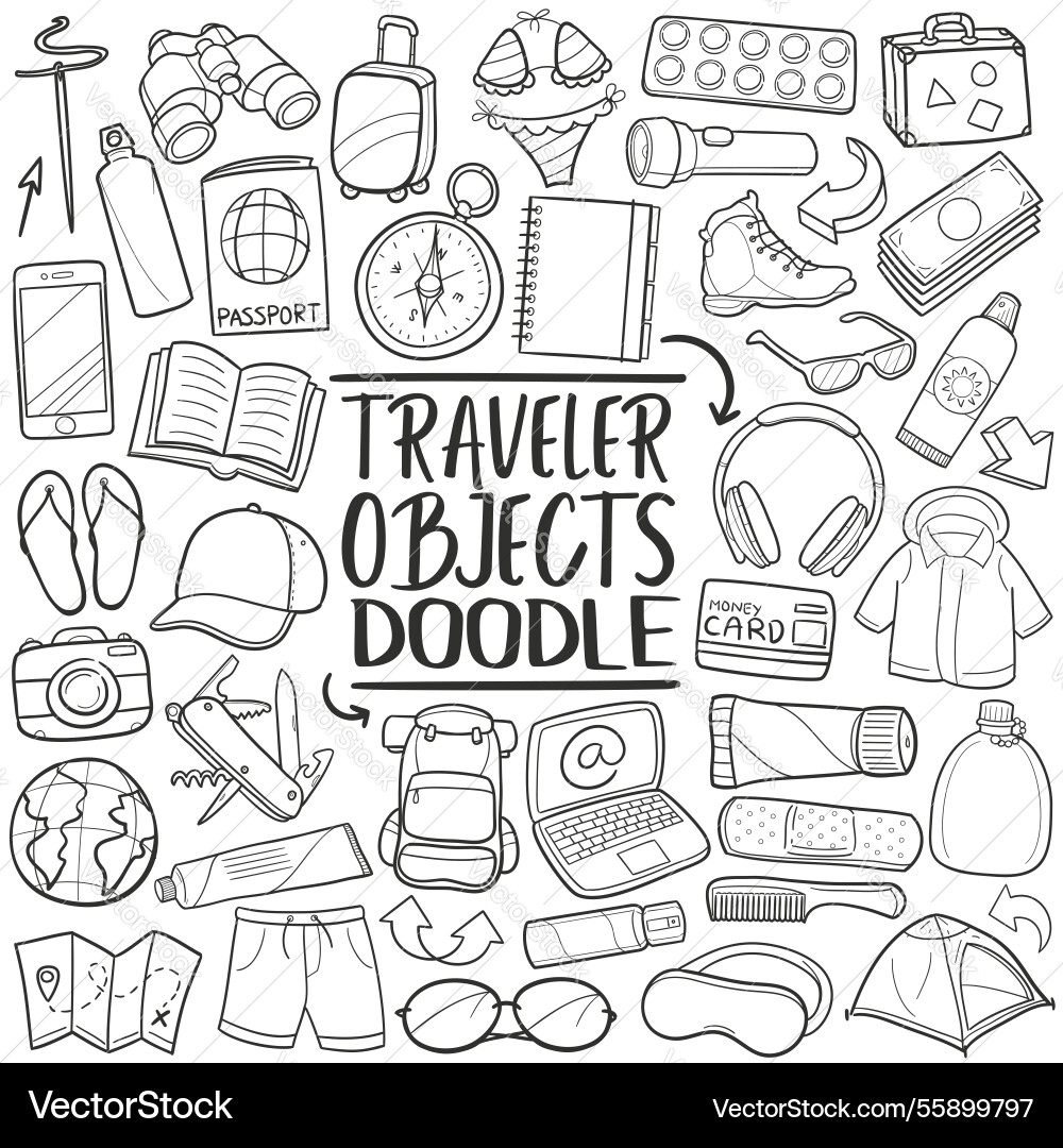 Travel objects doodle icons line art image Vector Image