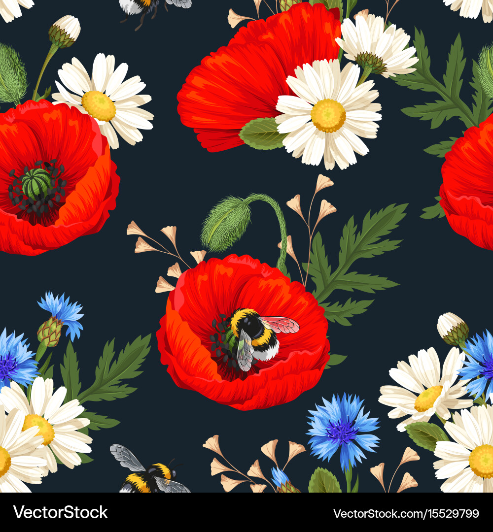 Red Poppy Field Seamless Vector Image