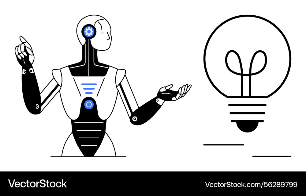 Robot pointing at a light bulb symbolizing Robot pointing at a light bulb symbolizing vector image