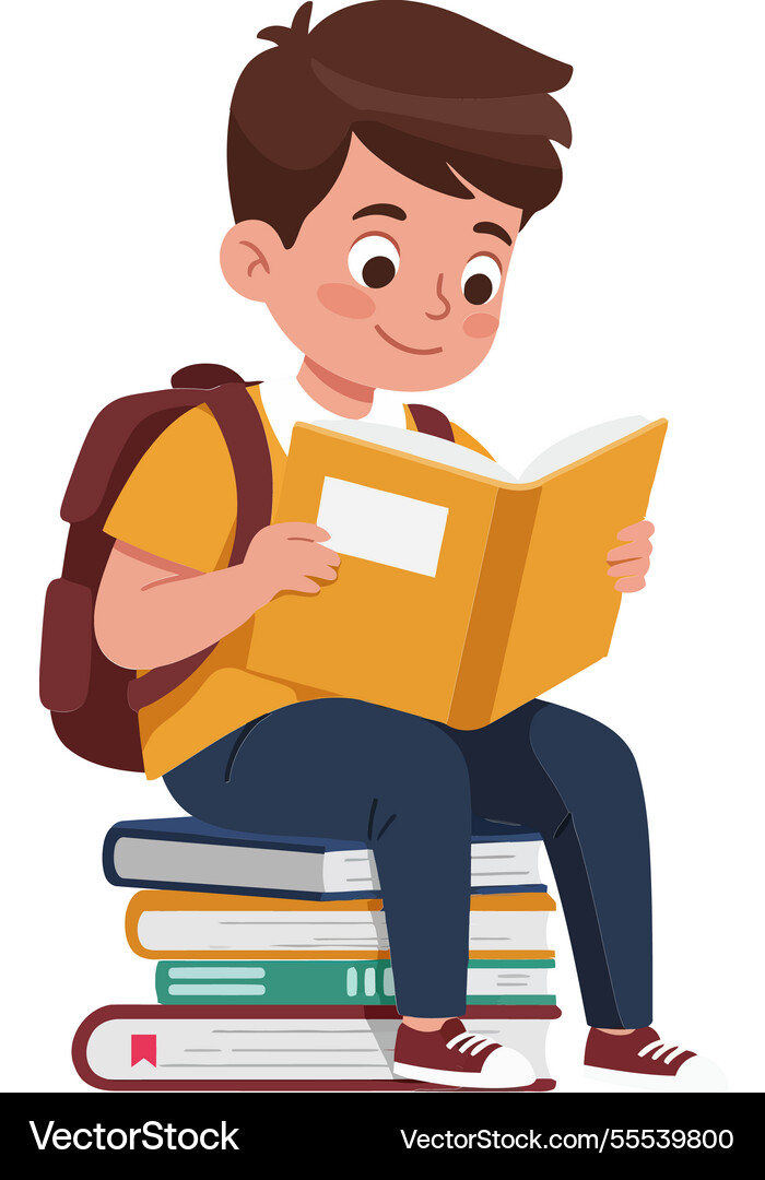 Child reading book while sitting on stack Vector Image