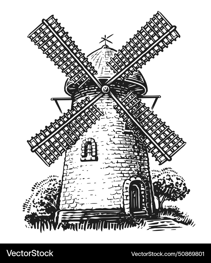 Alte Bauernhof Windmühle Skizze Gravur Stil Vektorbild