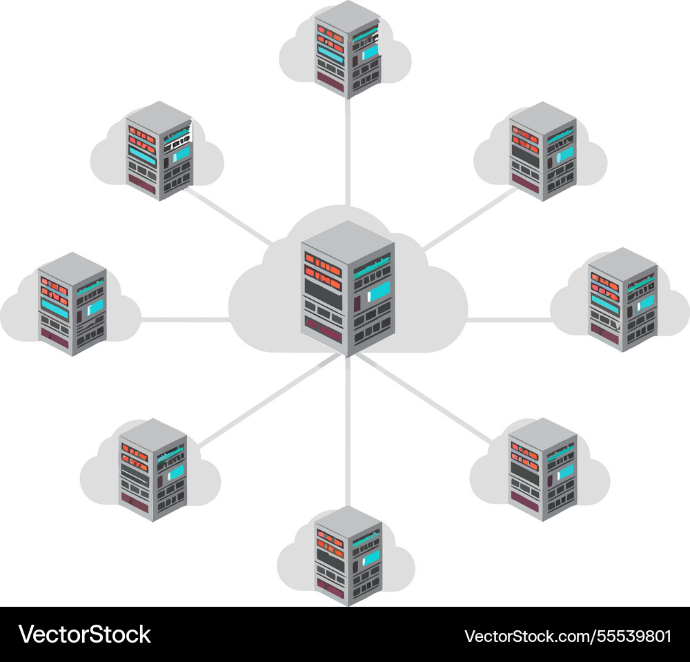 Cloud computing network architecture with servers Cloud computing network architecture with servers vector image