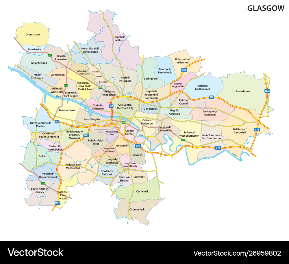 Glasgow roads and neighborhoods map Glasgow roads and neighborhoods map vector image
