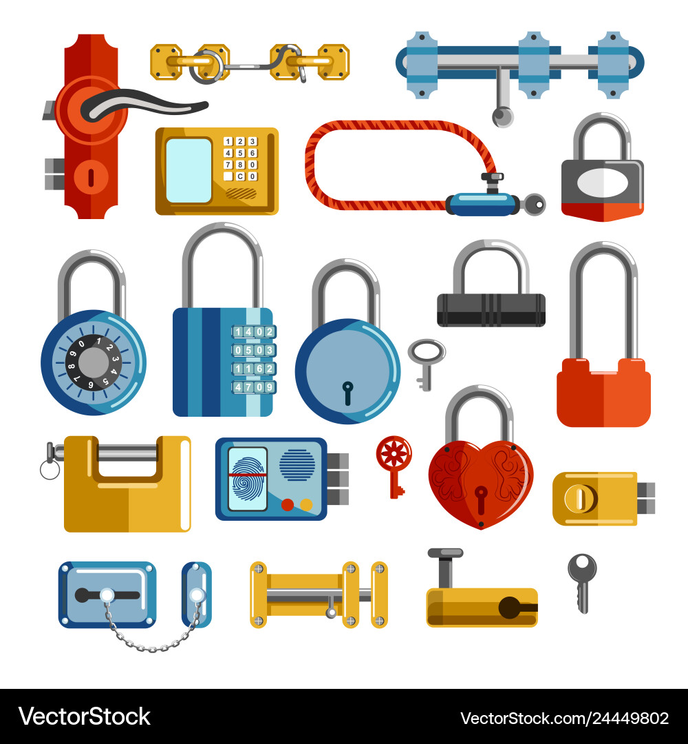 Locks and door handles isolated objects keys Locks and door handles isolated objects keys Vector Image