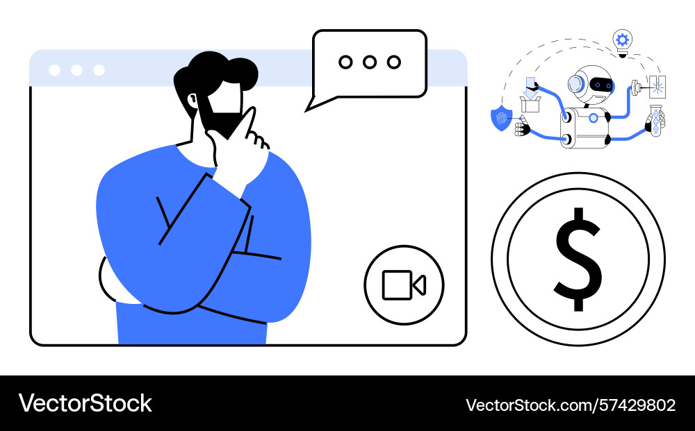 Man thinking during video call with ai vector image