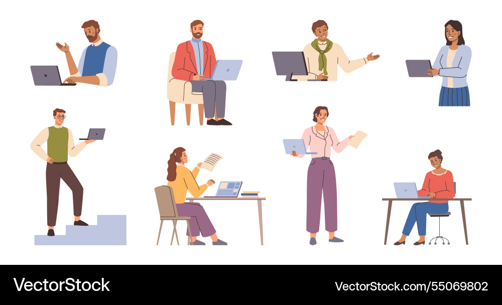 männliche und weibliche Zeichen arbeiten mit Laptops Männliche und weibliche Zeichen arbeiten mit Laptops vektorbild