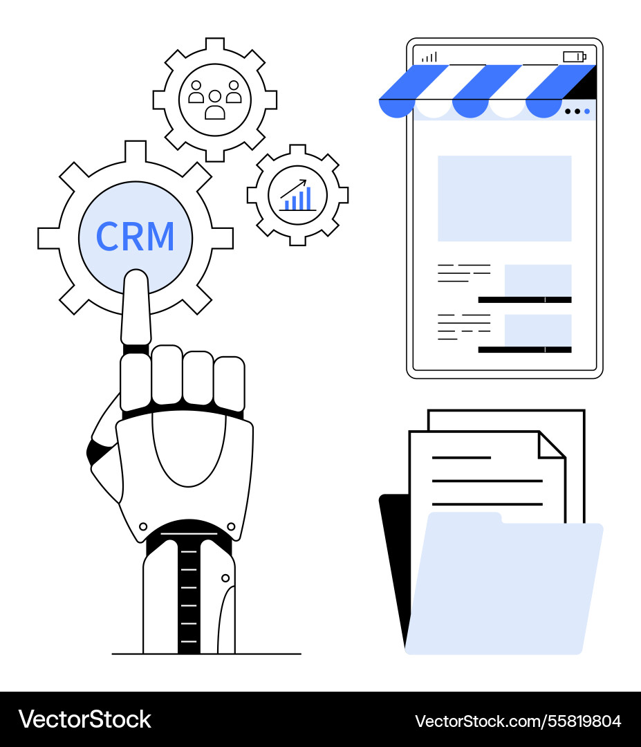 Robotic hand managing crm system with gears Robotic hand managing crm system with gears vector image