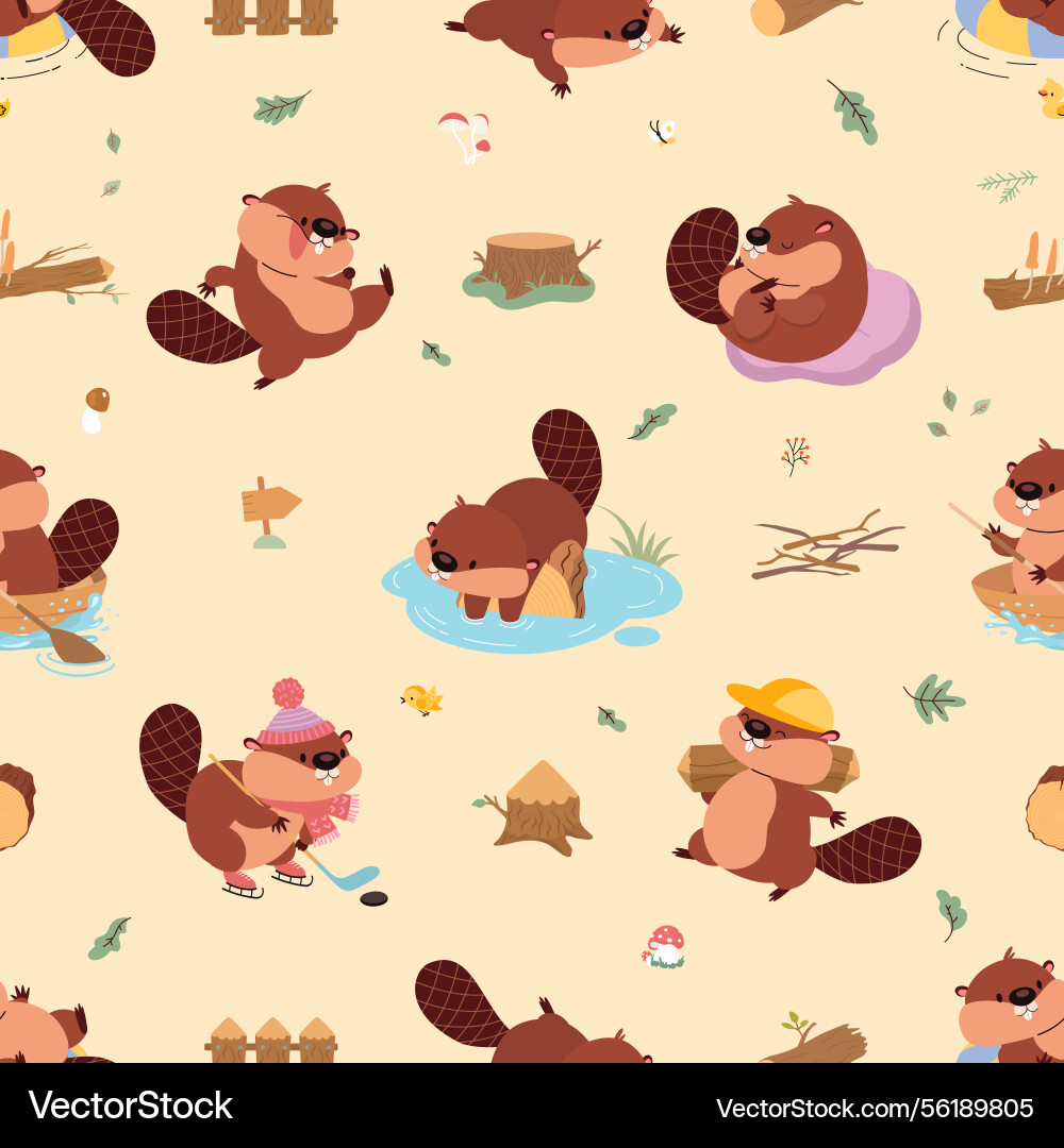 Beaver seamless pattern funny cartoon beavers Beaver seamless pattern funny cartoon beavers Vector Image