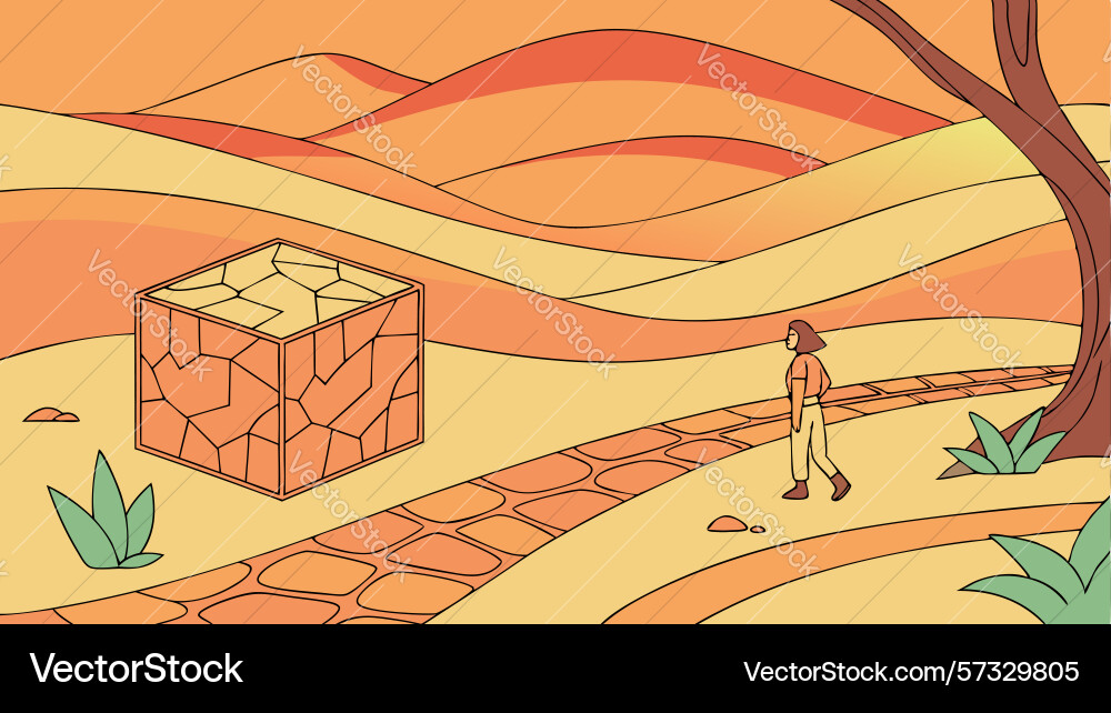 Figure on path towards geometric cube design Vector Image