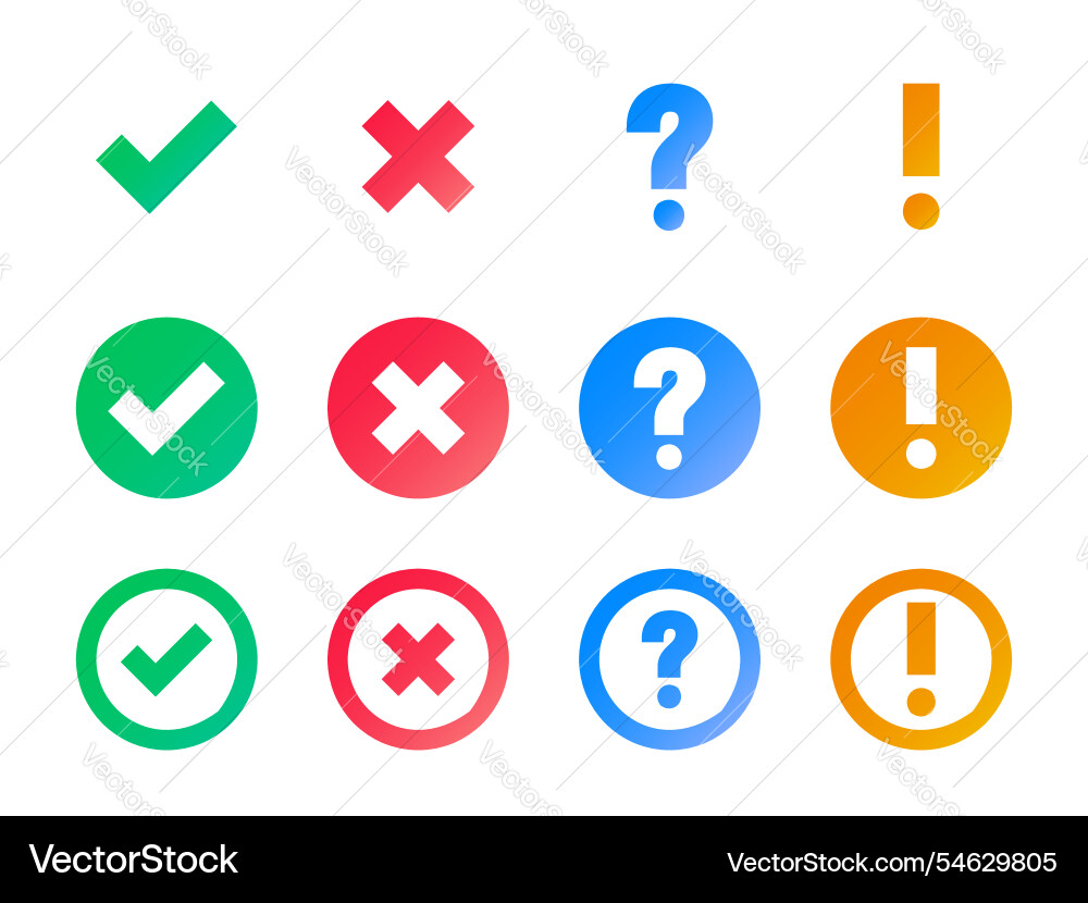 Set of check mark cross shape question Set of check mark cross shape question Vector Image