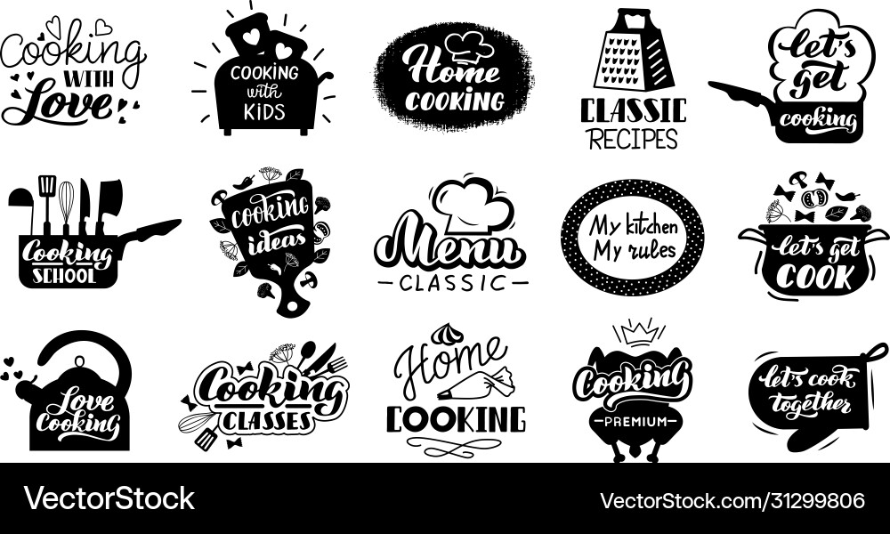 Cooking lettering badges kitchen gourmet recipes Cooking lettering badges kitchen gourmet recipes vector image