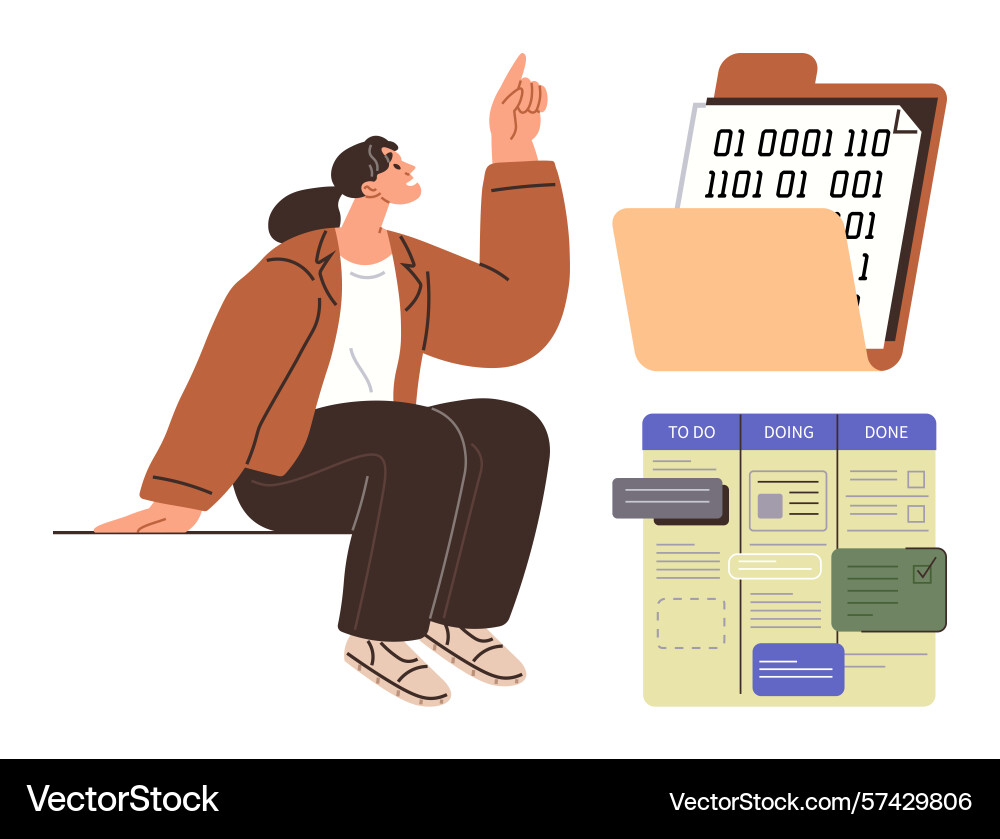 Woman brainstorming near binary code document Woman brainstorming near binary code document vector image