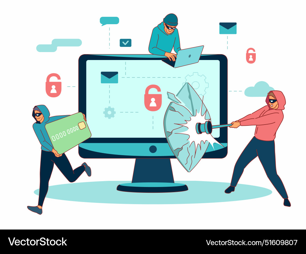 Hackers group hacking computer masked men smash Hackers group hacking computer masked men smash vector image